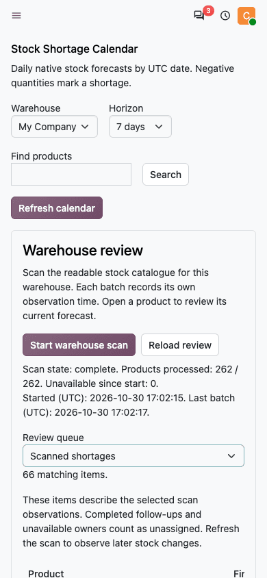 Warehouse review showing a completed scan of 262 products and a choice of review queue.