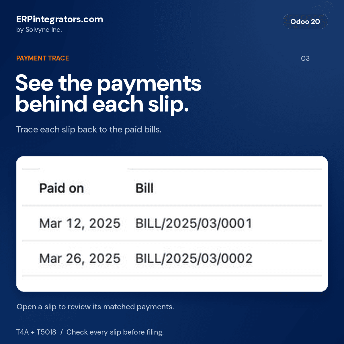 Two dated matched vendor bills behind the fictional T5018 slip.