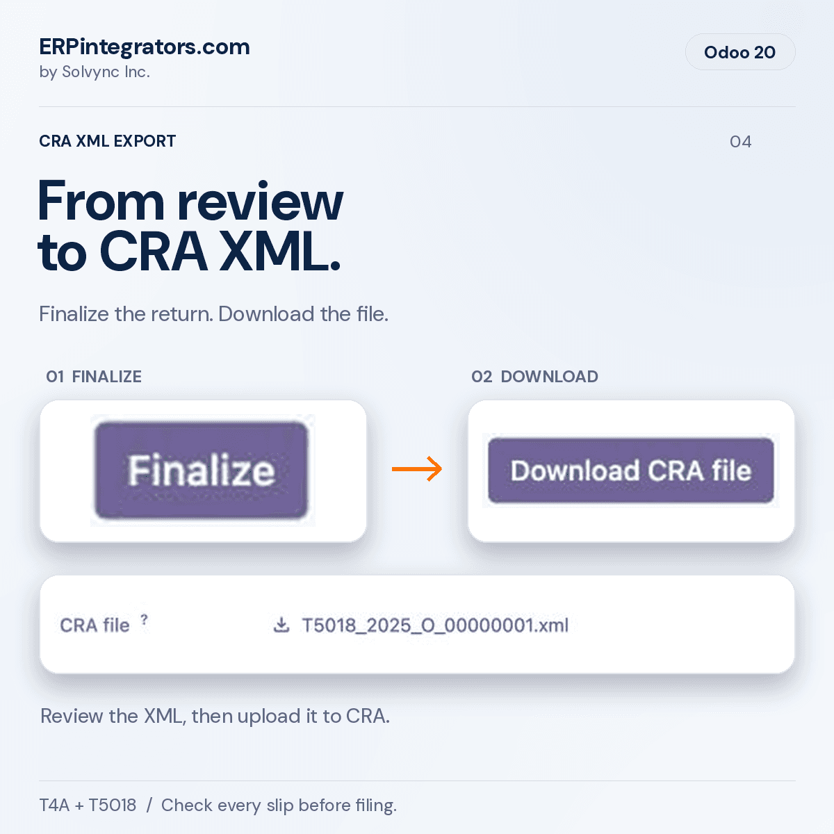 Finalized Odoo 20 T5018 return with Download CRA file, ready for review and separate upload to CRA.